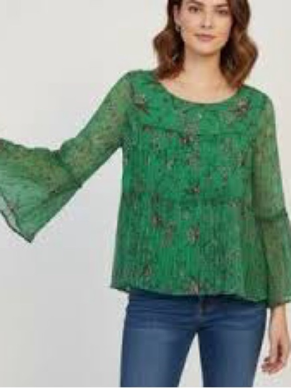 Sundance Green Floral Chiffon Bell-Sleeve Blouse Small - Picture 2 of 8